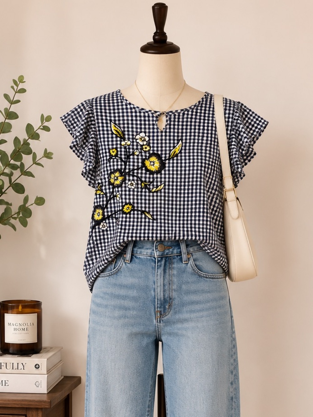 Gingham Floral Embroidered Ruffle Sleeve Cottagecore Blouse Contemporaine Small